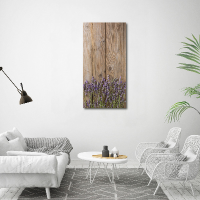Quadro stampa su vetro verticale Lavanda su legno