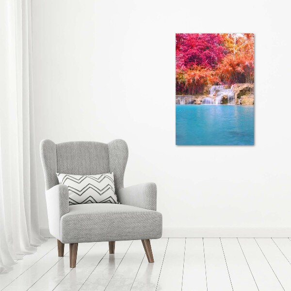Quadro stampa su vetro verticale Cascata nella foresta