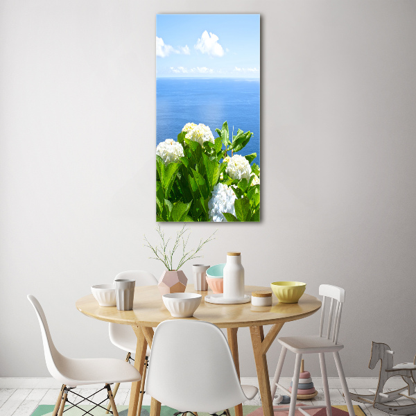 Quadro in vetro verticale Mare di ortensie