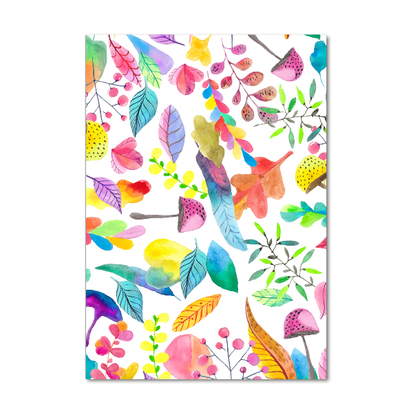 Quadro di vetro verticale Foglie e funghi