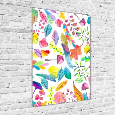 Quadro di vetro verticale Foglie e funghi