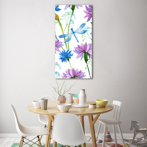 Quadro vetro verticale Fiori e libellule