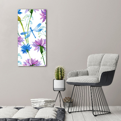 Quadro vetro verticale Fiori e libellule
