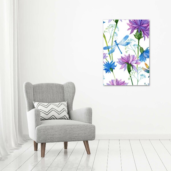 Quadro vetro verticale Fiori e libellule