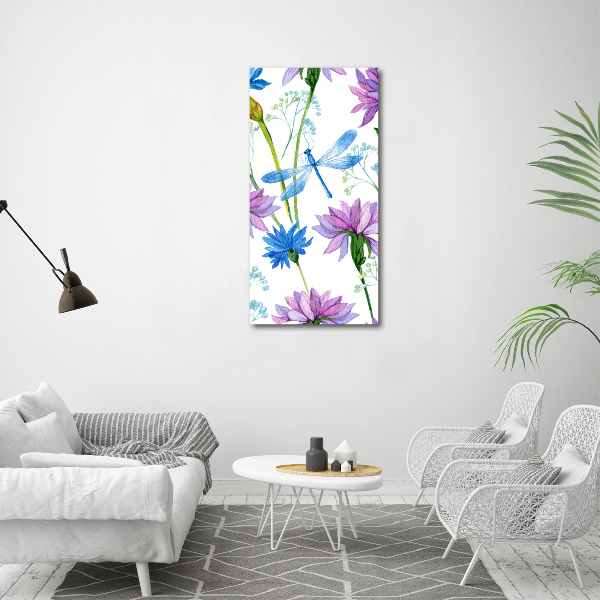 Quadro vetro verticale Fiori e libellule