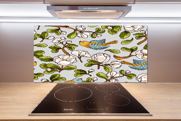 Pannello paraschizzi cucina con decorazione a fiori e uccelli