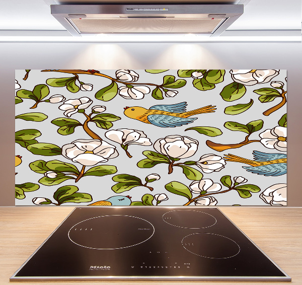 Pannello paraschizzi cucina con decorazione a fiori e uccelli