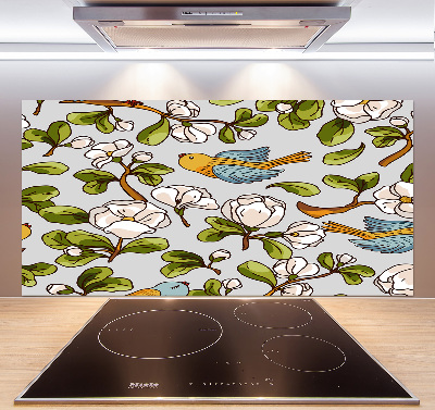 Pannello paraschizzi cucina con decorazione a fiori e uccelli