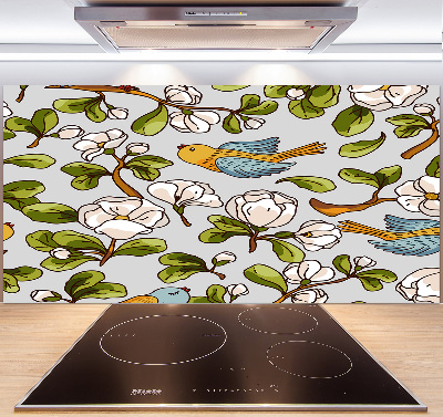 Pannello paraschizzi cucina con decorazione a fiori e uccelli