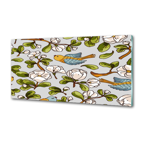 Pannello paraschizzi cucina con decorazione a fiori e uccelli