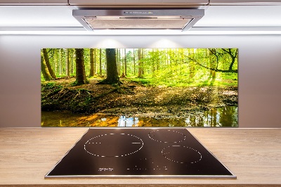 Rivestimento parete cucina con motivo «Raggi di sole nella foresta»