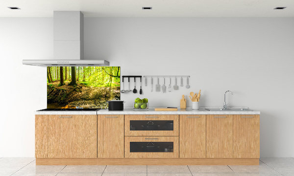 Rivestimento parete cucina con motivo «Raggi di sole nella foresta»