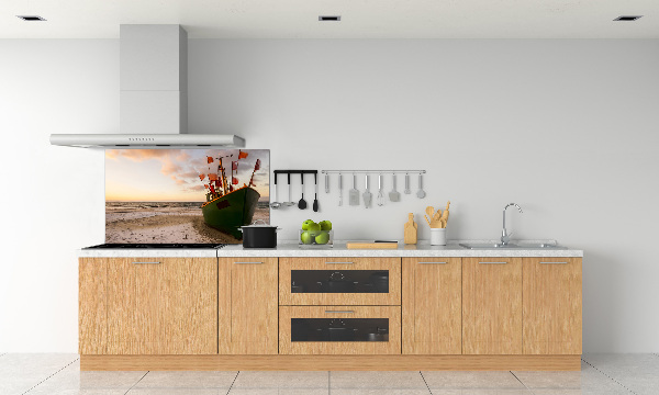 Rivestimento parete cucina con stampa a tema barca da pesca sulla spiaggia