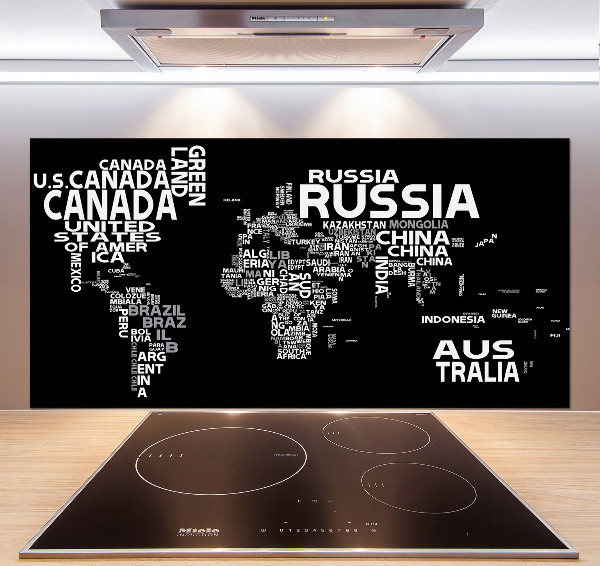 Rivestimento parete cucina con stampa a mappa del mondo e sottotitoli
