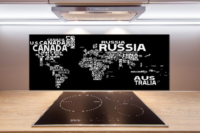 Rivestimento parete cucina con stampa a mappa del mondo e sottotitoli