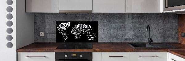 Rivestimento parete cucina con stampa a mappa del mondo e sottotitoli