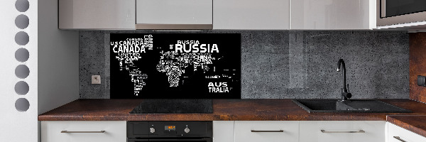 Rivestimento parete cucina con stampa a mappa del mondo e sottotitoli