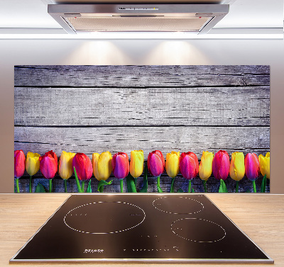 Pannello paraschizzi cucina con motivo di tulipani su sfondo effetto legno