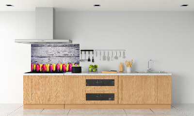 Pannello paraschizzi cucina con motivo di tulipani su sfondo effetto legno