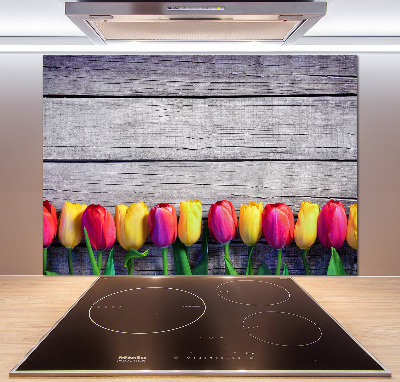 Pannello paraschizzi cucina con motivo di tulipani su sfondo effetto legno