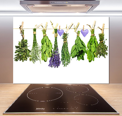 Rivestimento parete cucina con motivo di erbe aromatiche disposte su un filo