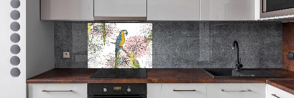 Pannello retrocucina con motivo di pappagalli e fiori