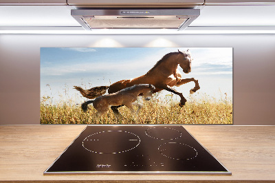 Rivestimento parete cucina con stampa raffigurante una giumenta con il suo puledro