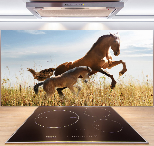 Rivestimento parete cucina con stampa raffigurante una giumenta con il suo puledro