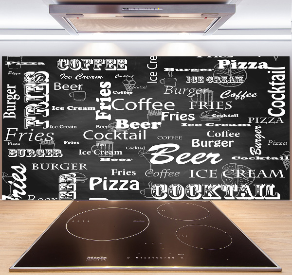 Rivestimento parete cucina con stampa a tema 'Menù del ristorante' per decorare la cucina