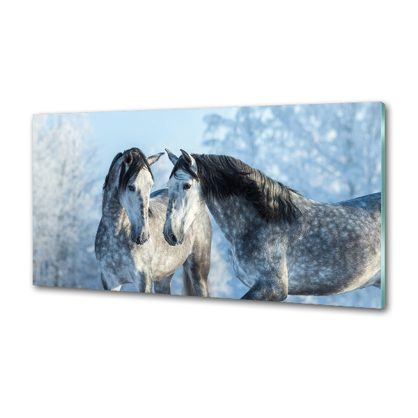 Rivestimento parete cucina con motivo di cavalli grigi in inverno