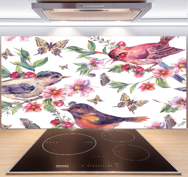 Pannello paraschizzi cucina con motivo di uccelli, farfalle e ciliegie