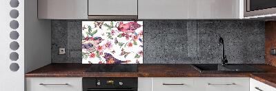 Pannello paraschizzi cucina con motivo di uccelli, farfalle e ciliegie