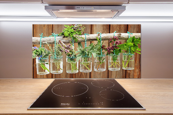 Pannello paraschizzi cucina con stampa di erbe aromatiche in barattolo