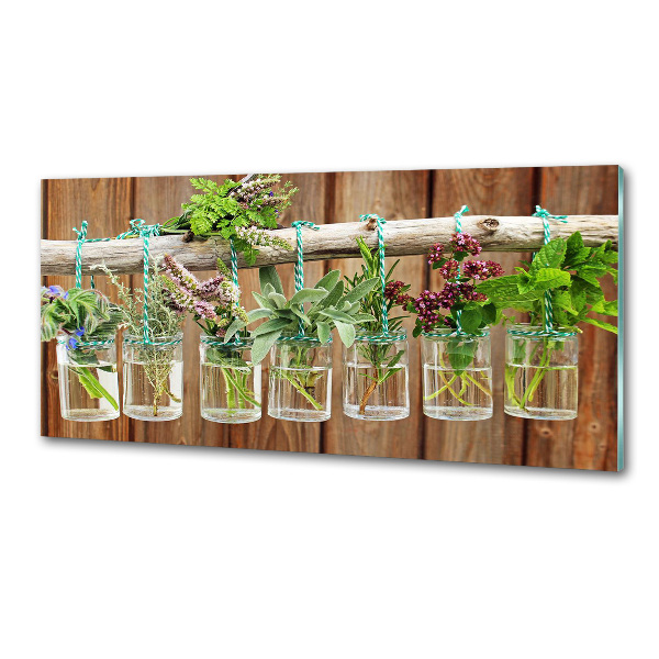 Pannello paraschizzi cucina con stampa di erbe aromatiche in barattolo