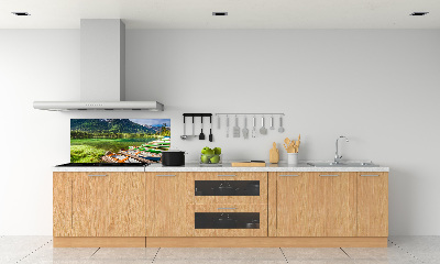 Pannello paraschizzi cucina con decorazione raffigurante barche sul lago