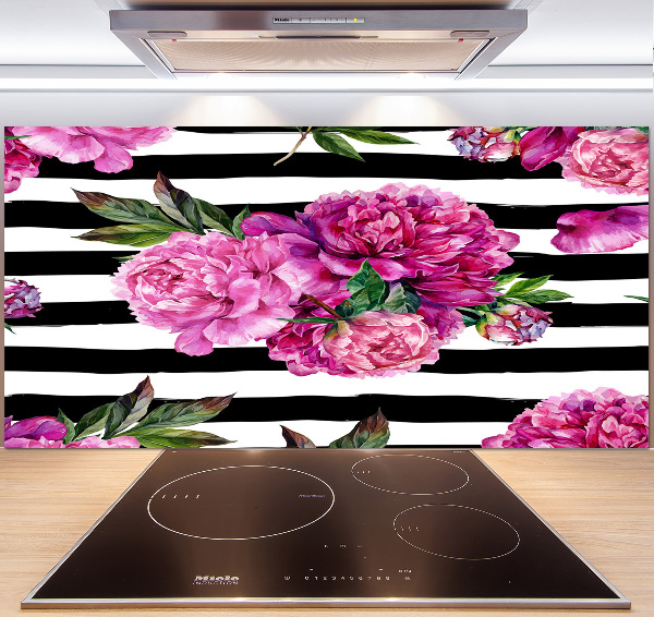 Rivestimento parete cucina con motivo di peonie rosa