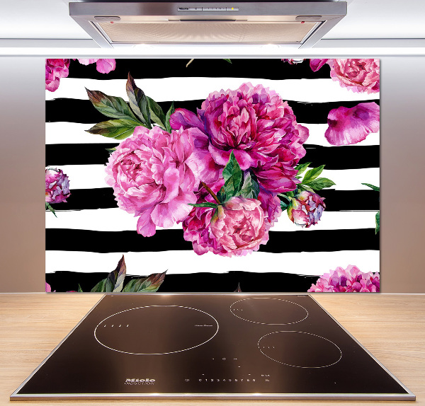 Rivestimento parete cucina con motivo di peonie rosa
