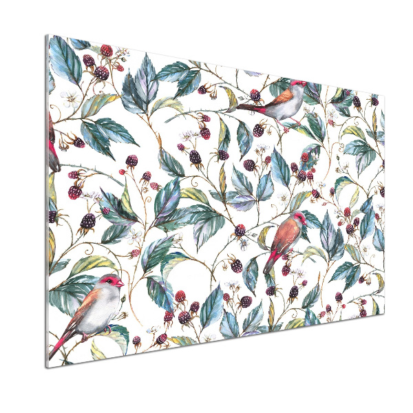 Pannello paraschizzi cucina con decoro a motivo di mora e uccelli