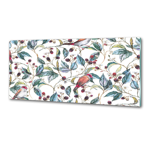 Pannello paraschizzi cucina con decoro a motivo di mora e uccelli