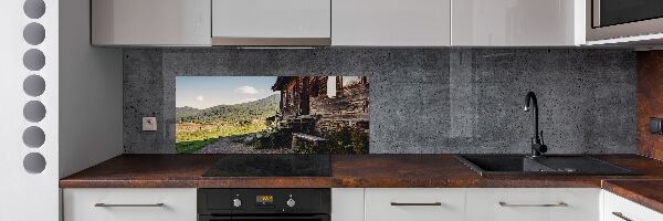 Pannello retrocucina con stampa a tema casa di legno in montagna