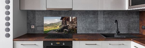 Pannello retrocucina con stampa a tema casa di legno in montagna
