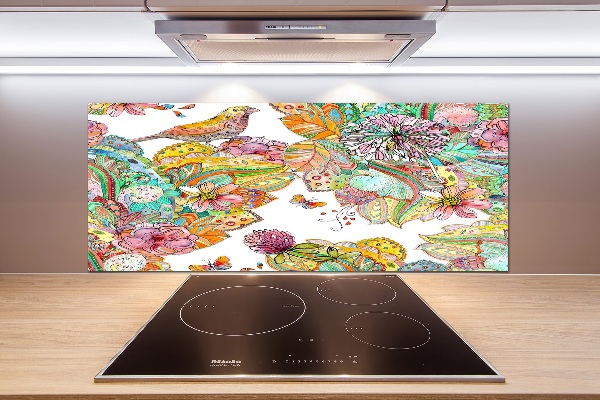 Pannello retrocucina con motivo di uccelli e ornamenti