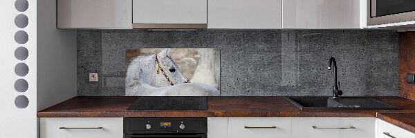 Rivestimento parete cucina con decorazione raffigurante un cavallo arabo bianco