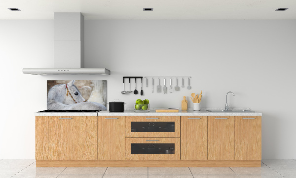 Rivestimento parete cucina con decorazione raffigurante un cavallo arabo bianco