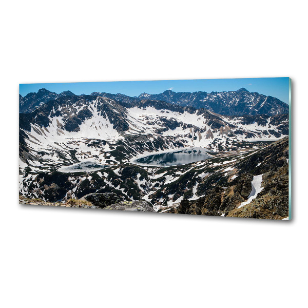 Rivestimento parete cucina con stampa del lago nei Monti Tatra