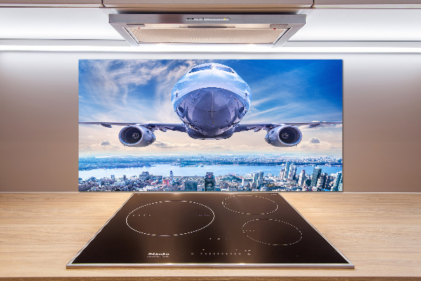 Pannello paraschizzi cucina con stampa raffigurante un aereo sopra la città