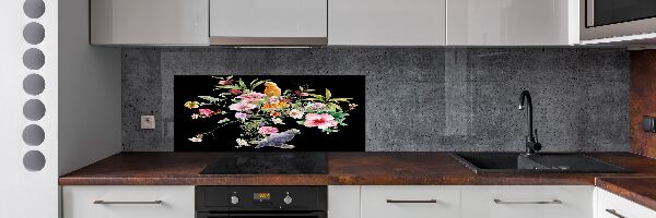 Rivestimento parete cucina con stampa di fiori e uccelli
