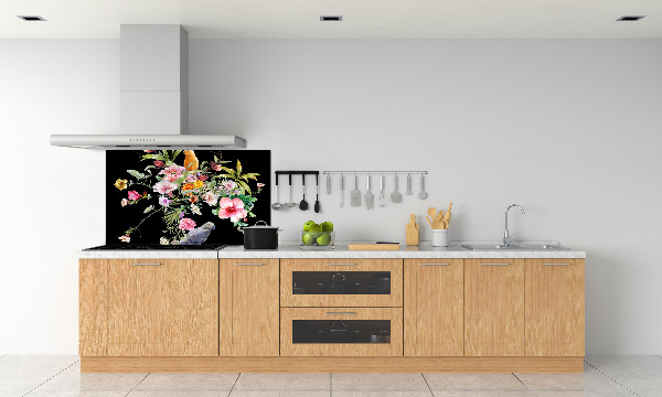 Rivestimento parete cucina con stampa di fiori e uccelli
