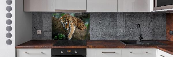 Rivestimento parete cucina con decorazione raffigurante una tigre su un albero