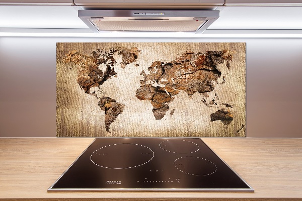 Rivestimento parete cucina con stampa mappa del mondo in effetto legno